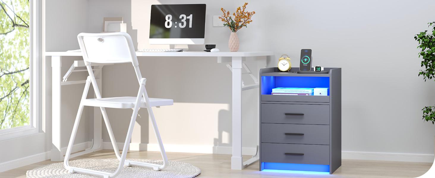 Нічний столик FREDEES з LED-підсвічуванням, ящиком та зарядкою, сірий (2 шт.)