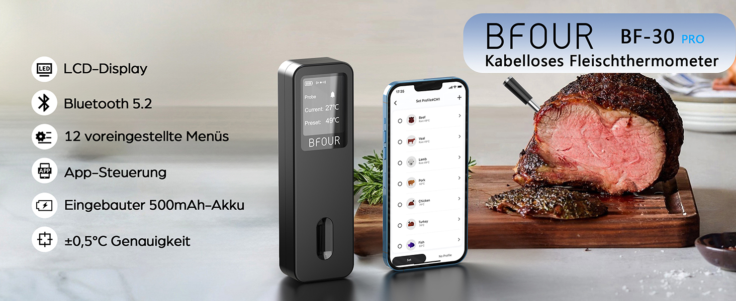 Бездротовий термометр для м'яса BFOUR 2025 з Bluetooth, подвійний сигнал, моніторинг через додаток, водонепроникний IP67, для гриля, печі, коптильні, ротатерії