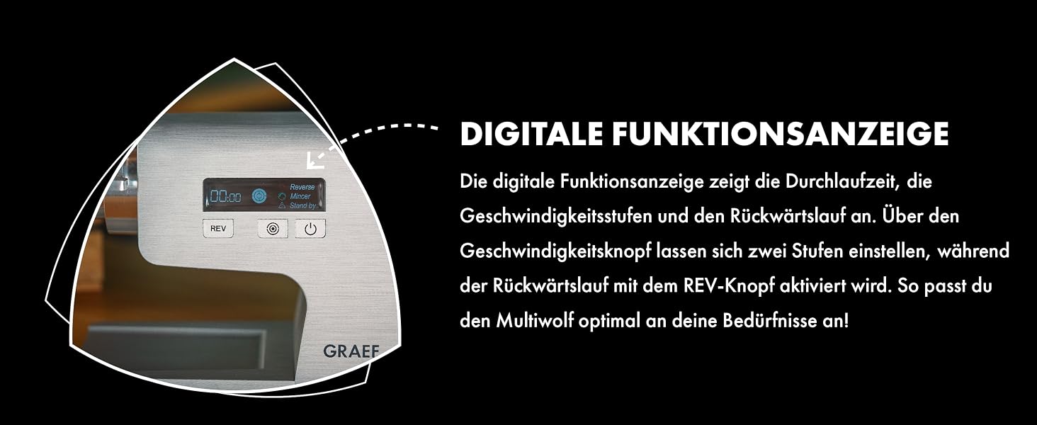 Електрична м'ясорубка GRAEF Multiwolf FW500, металевий корпус, 2500 Вт, з цифровим дисплеєм та захистом від перевантаження, срібляста