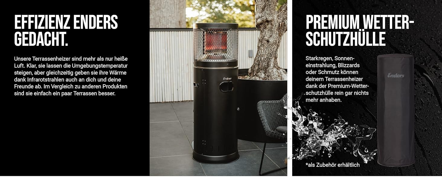 Газовий терасної обігрівач Enders Polo Black 2.0 з регулюванням 3-6 кВт, нержавіюча сталь, ENDUR Reflexionssystem, транспортні колеса, захист від перекидання, чорний