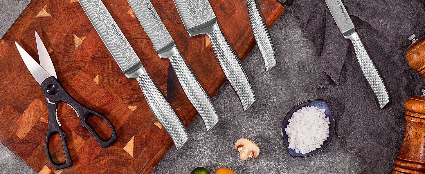 Набір ножів FOHERE 7 предметів з автозаточкою, професійний кухонний набір, з дерев'яним блоком, нержавіюча сталь, ергономічні ручки, ідеальний подарунок