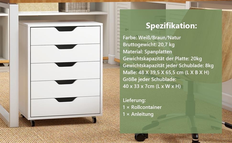 Контейнер GOPLUS з шухлядами, мобільний офісний шафка на колесах, білий, 48 x 39,5 x 65,5 см