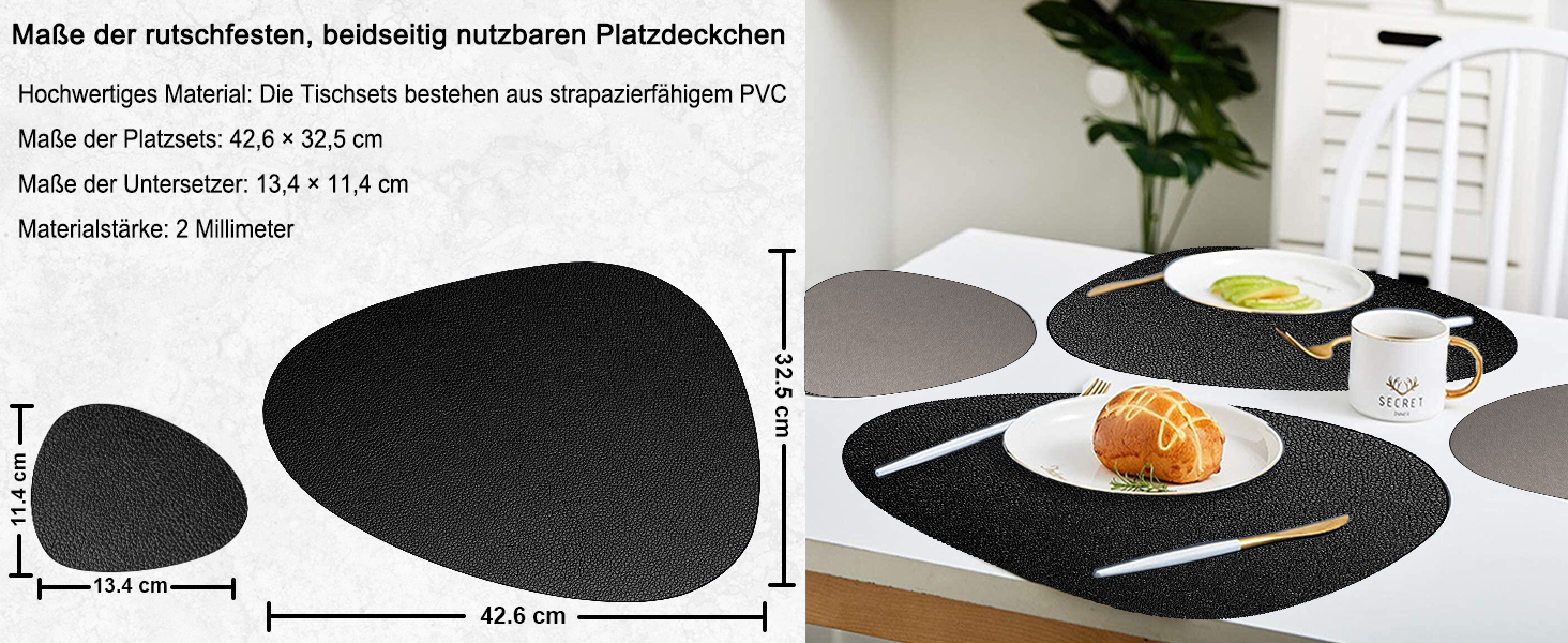 Набір з 6 серветок на стіл, миючі, з підставками, двосторонні, з імітацією шкіри, водонепроникні для обіднього столу, кухні, ресторану та дому (6 шт., чорний)