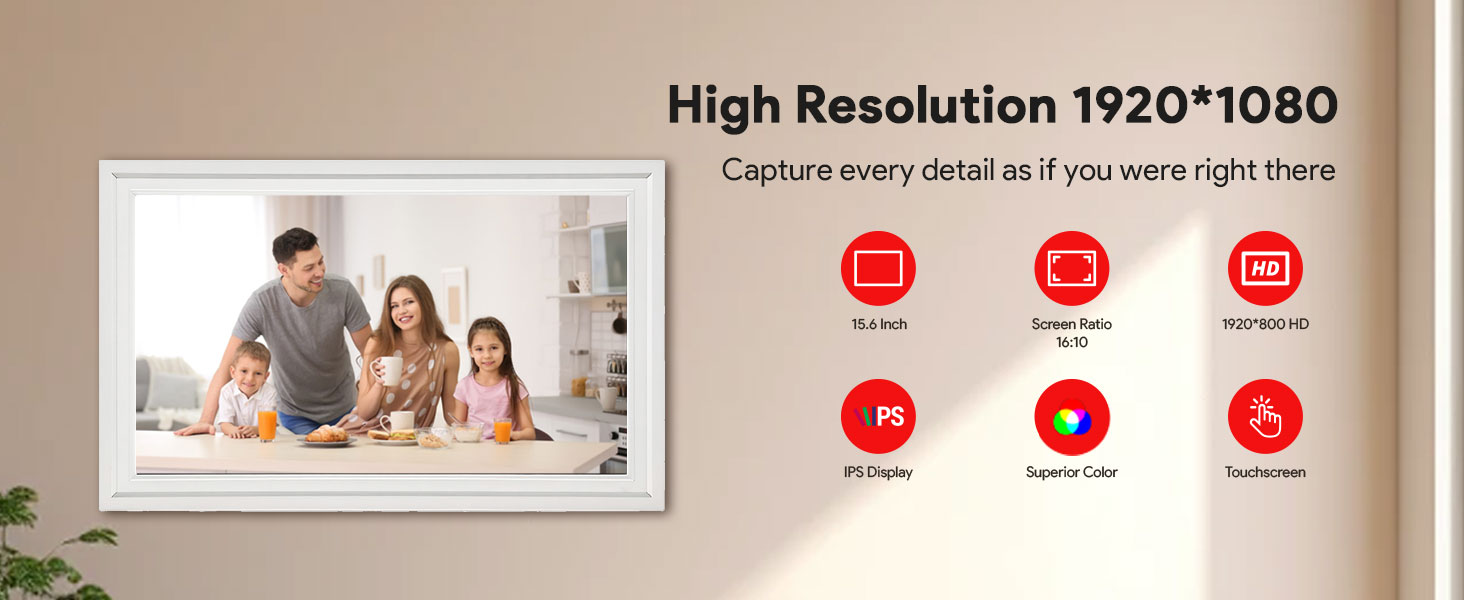 Цифрова фоторамка Frameo 15.6 дюймів з Wi-Fi, 32ГБ пам'яті, HD IPS сенсорний екран 1920x1080, автоматичний поворот та підтримка додатка Frameo