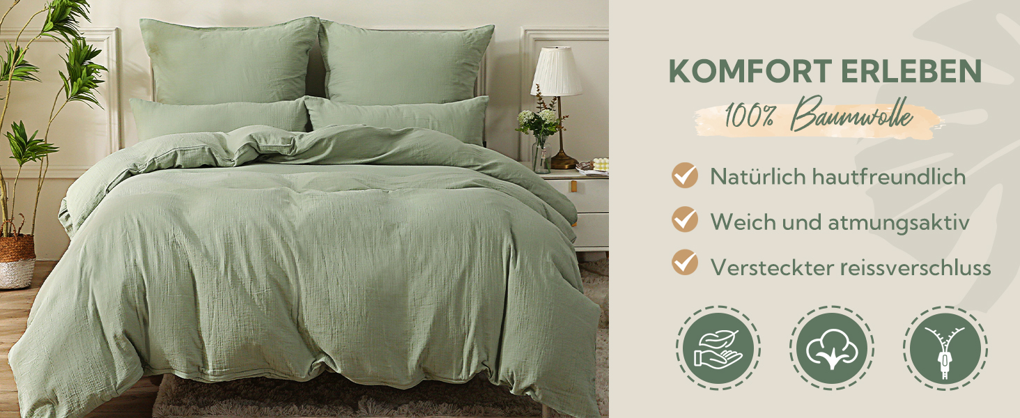 SOULFUL Комплект постільної білизни з мусліну 200x200, бавовна, 3 шт. (1x простирадло 200x200, 2x наволочки 80x80), Органічна білизна, колір лакричник, з блискавкою