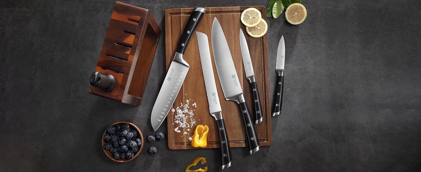 Набір ножів Paudin 7 предметів з дерев'яним блоком: кухонні ножі з нержавіючої сталі та ABS ручками