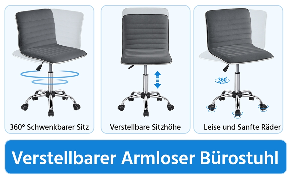 Офісне крісло Yaheetech без підлокітників, ергономічне, з регулюванням висоти, поворотне на 360°, з м'якою оббивкою з велюру, сірого кольору
