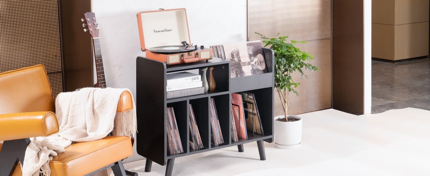 Стіл для програвача, стійка для програвача середини століття з місцем для зберігання до 350+ платівок, шафа для вінілових платівок з регульованими полицями, горіх