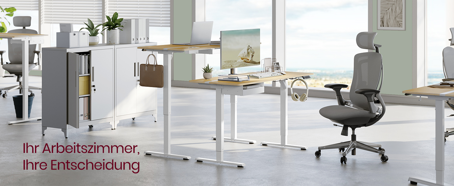 Електричний регульований стіл VASAGLE з пам'яттю висоти, з розетками та ящиком для зберігання, хмаринно-білий + золотий дуб, LSD112W01