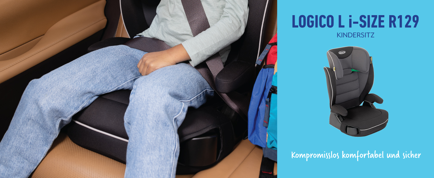 Автокрісло Graco Logico™ L i-Size R 129: 3,5-12 років, 100-150 см, регульовані підлокітники, знімний чохол, кріплення ременем безпеки, чорний колір, Midnight