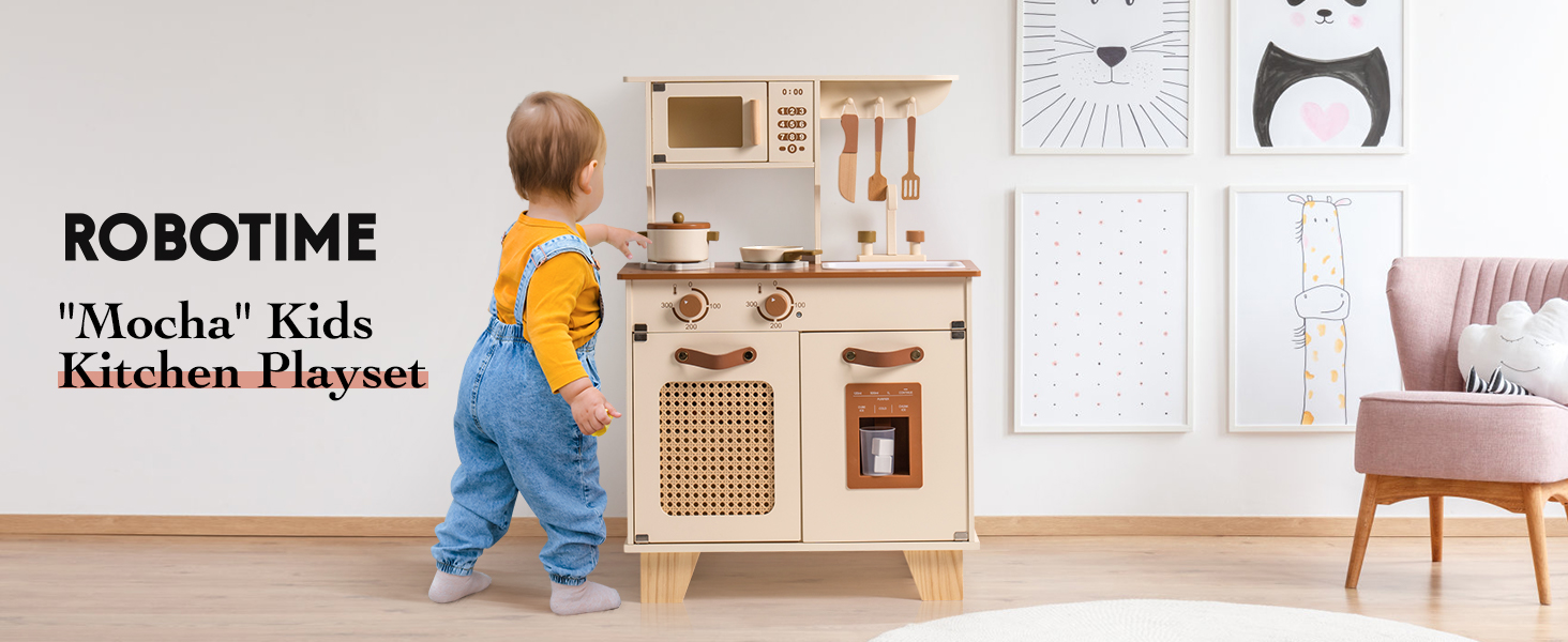 Дерев'яна дитяча кухня ROBOTIME з аксесуарами, ретро-дизайн, зелений, 3-8 років