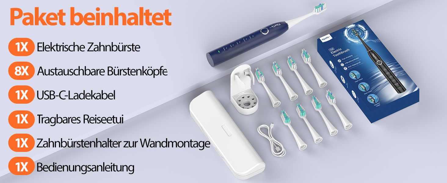 Електрична зубна щітка зі звуковими вібраціями, 8 насадок (3 типи), таймер, 120 днів роботи від акумулятора, 5 режимів чищення, чохол для подорожей, зарядний пристрій для стіни, синій колір