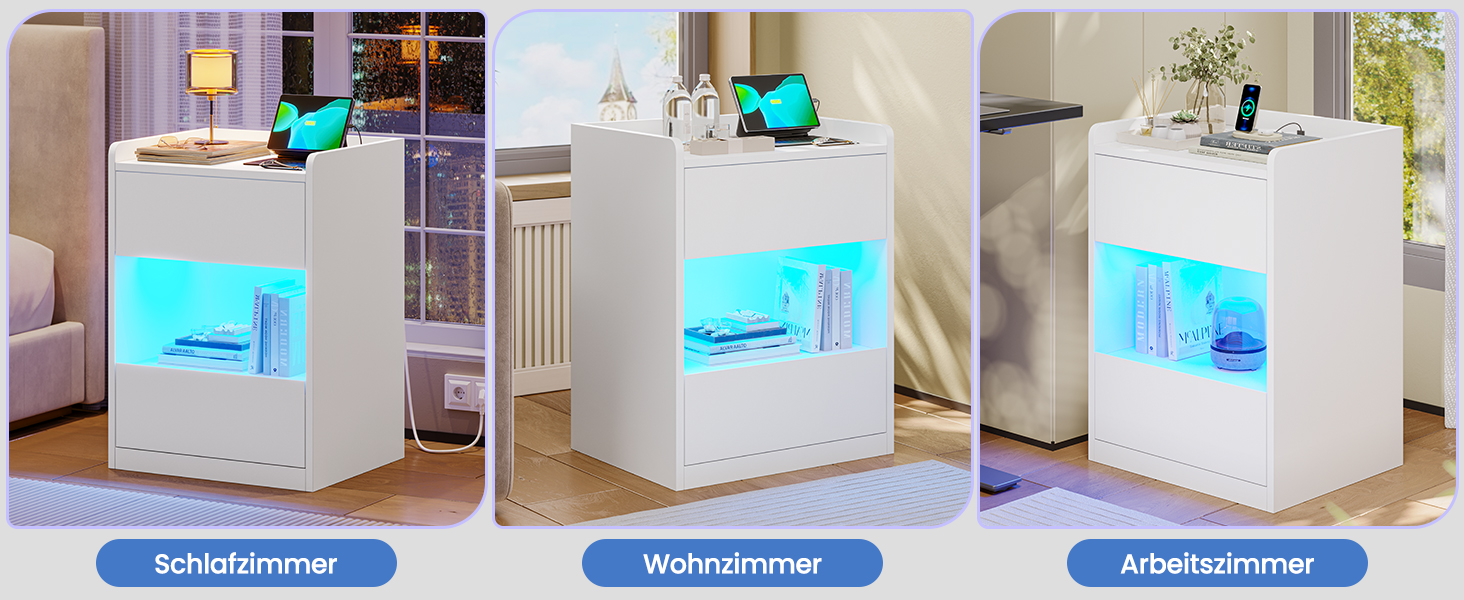 Нічний столик AOGLLATI з LED-підсвічуванням та зарядкою, 2 шухляди та полиця, білий (40x35x60 см)