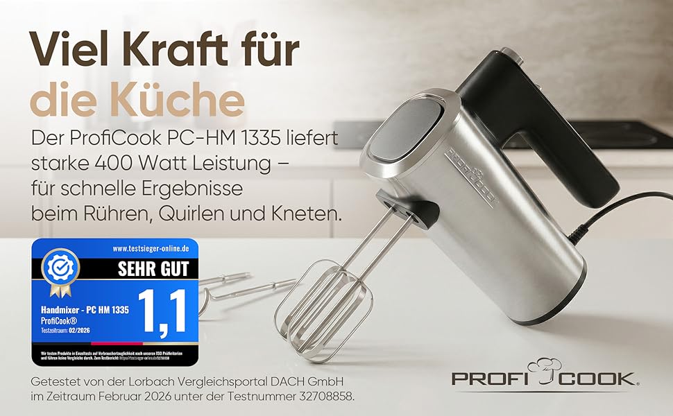 Міксер ручний ProfiCook PC-HM 1335, 400 Вт, 5 швидкостей, турбо-режим, нержавіюча сталь