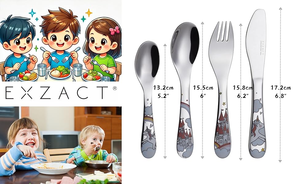 Набір столових приборів Exzact 6 шт. з нержавіючої сталі - дитячий посуд: тарілка, миска, ложка, виделка, ніж, столова ложка. Подарункова коробка (Wf712-4uni)