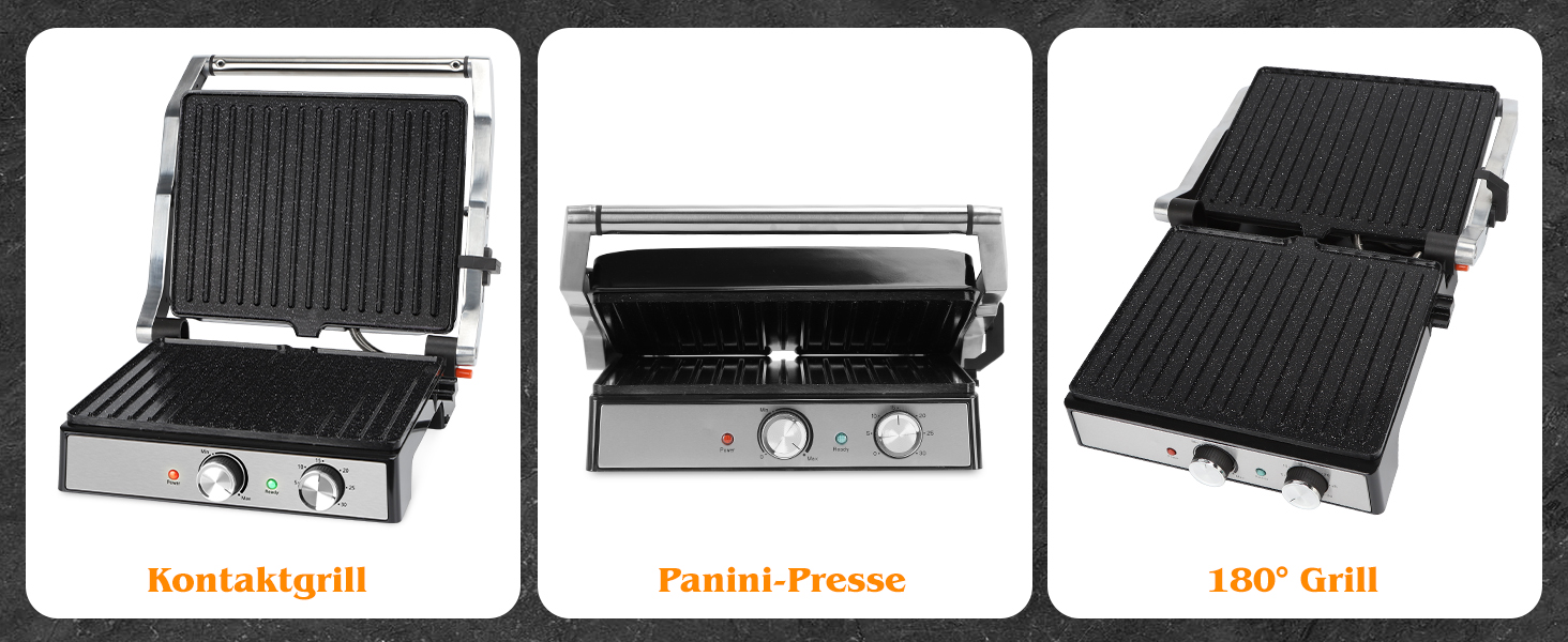 Контактний гриль Aigostar з керамічним покриттям, таймер на 30 хв. Паніні гриль та сендвічмейкер для сендвічів, стейків, тостів. 2000 Вт, регульований термостат, відкривання 180°, функція грилю