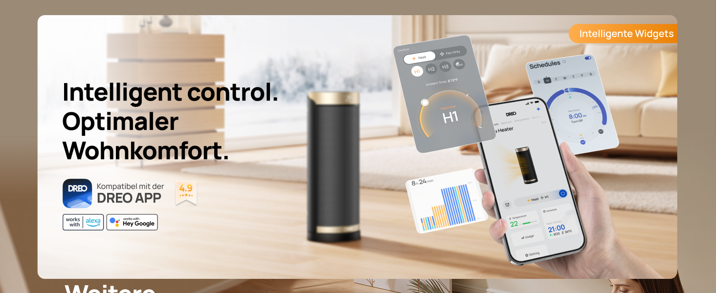 Електричний обігрівач Dreo Solaris Slim H3 з PTC-керамічним нагрівом, Wi-Fi, 3 режими, 3 швидкості, 12-годинний таймер, пульт дистанційного керування, захист від перегріву та перекидання