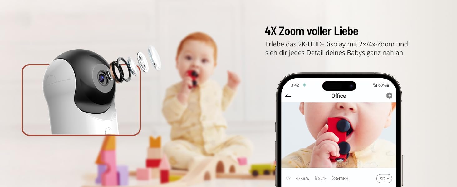 Відеоняня PARIS RHÔNE з 2 камерами, WiFi, 2K UHD, нічник, датчик руху/плачу, контроль температури та вологості, колискові