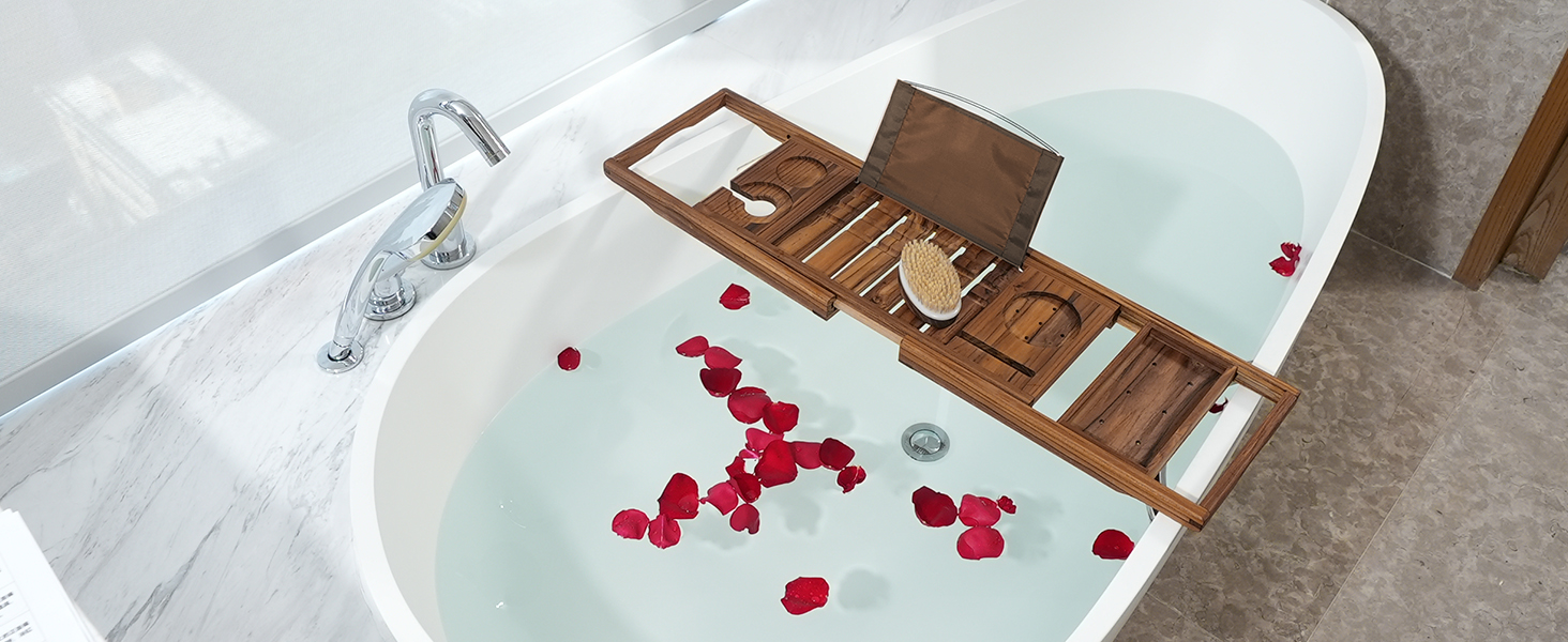 Підставка для ванни VaeFae з текового дерева, регульована, з тримачем для напоїв та книг, висувна, з безкоштовною тековою щіткою для тіла