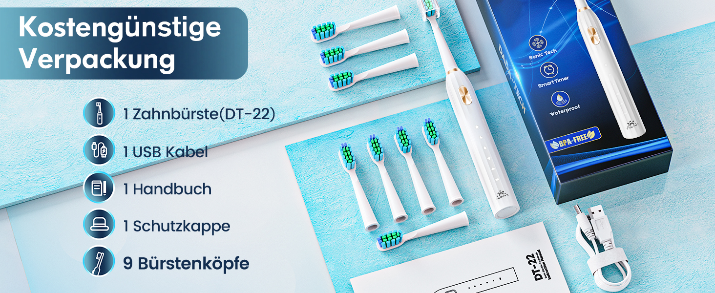 Звукова електрична зубна щітка Dada-Tech для дорослих і дітей, 5 режимів, 9 насадок, біла