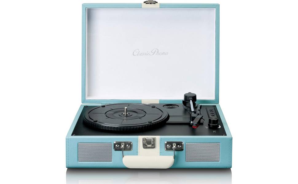 Вініловий програвач Lenco TT-110 Classic Phono, портативний, 33/45/78 об/хв, Bluetooth, ремінний привід, 2 вбудовані динаміки, AUX-IN, RCA-Out, 3,5 мм, синьо-білий
