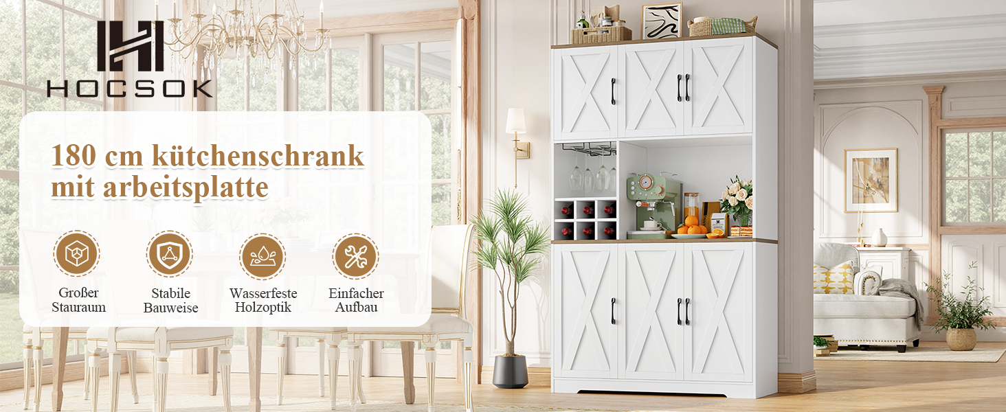 Кухонна шафа-буфет HOCSOK 106x180 см, біло-коричнева бічна тумба (sideboard) з 6 дверцятами, знімним тримачем для пляшок та келихів, шафа для продуктів у вітальню та їдальню