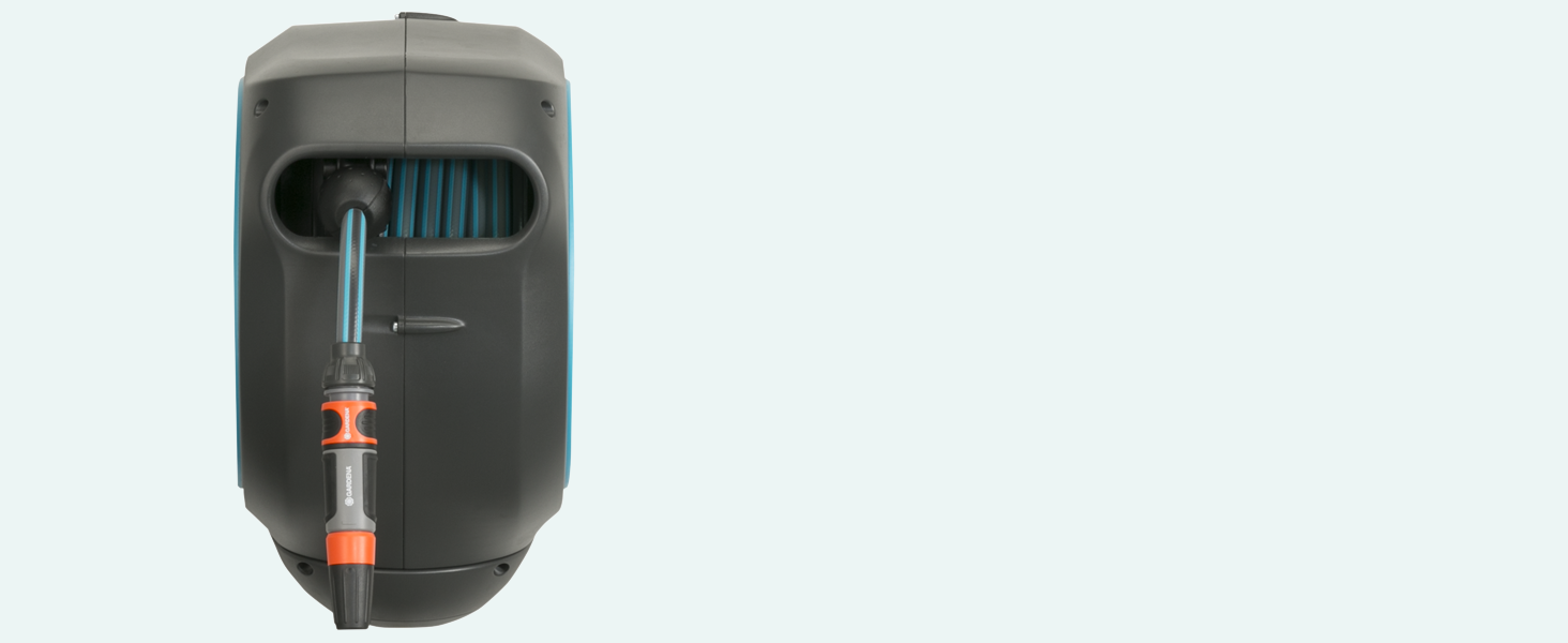 Шланг садовий Gardena RollUp M (бірюзовий) 20м: гнучкий, з поворотним барабаном, з кріпленням для стіни, з розпилювачем та 20м шлангу