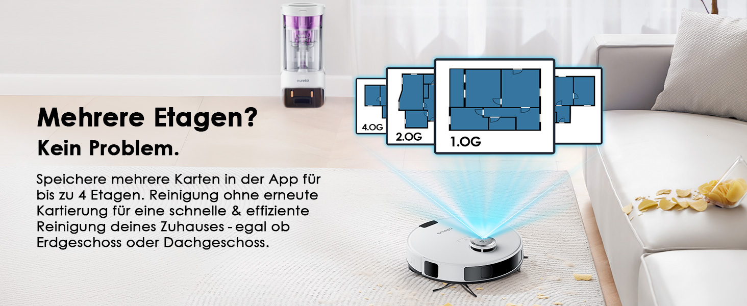 Робот-пилосос EUREKA E10s 2.Gen з вологою тканиною + станція самоочищення (4000Pa, автовиявлення килима, підйом мопа, LiDAR-навігація, ідеально для видалення шерсті тварин, керування через додаток/голос) (білий)