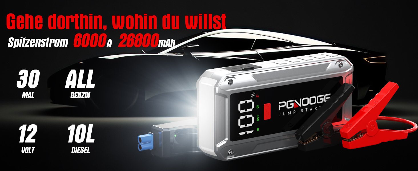 Бустер автомобільного акумулятора Starthilfe Powerbank 26800mAh 6000A з LED-ліхтарем та дисплеєм для авто, SUV, мотоциклів та газонокосарок (silver)
