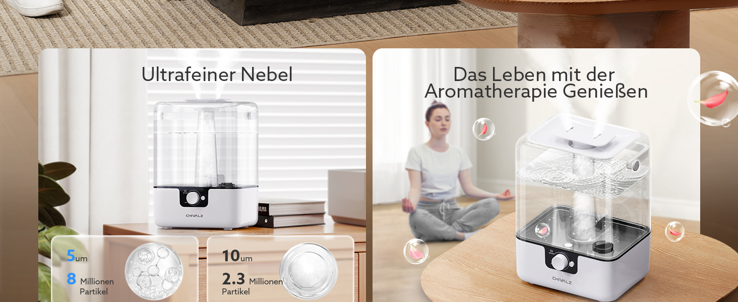 Зволожувач повітря Chivalz Top Fill для великих кімнат 6л з нічником, обертовою на 360° форсункою, 50 год роботи, аромадифузор для спальні, дитячої, рослин, немовлят, білий + 2 виходи туману
