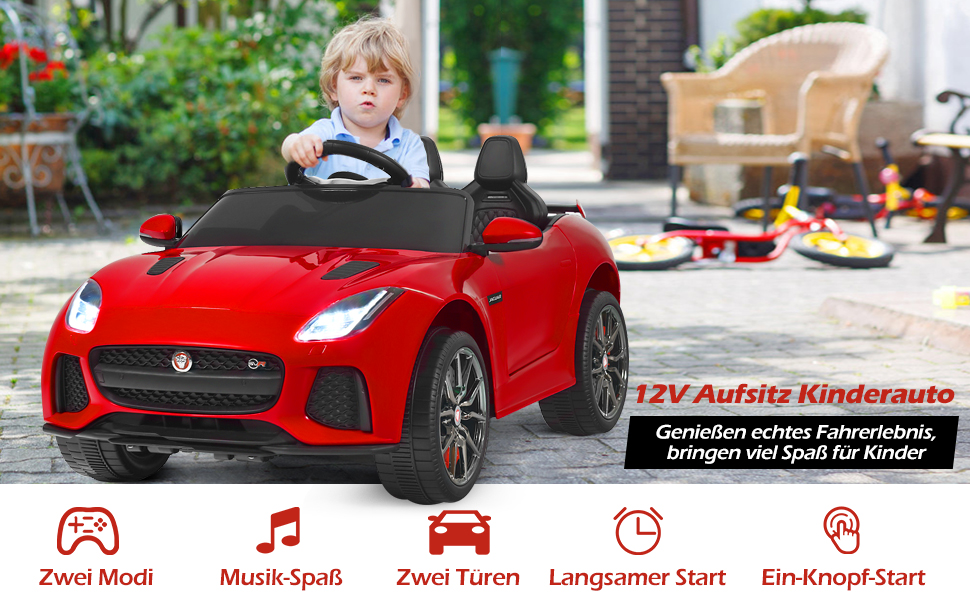 Дитячий електромобіль COSTWAY Jaguar 12V з музикою, історіями, сигналом і фарами, на пульті ДУ, для дітей від 3 років, червоний