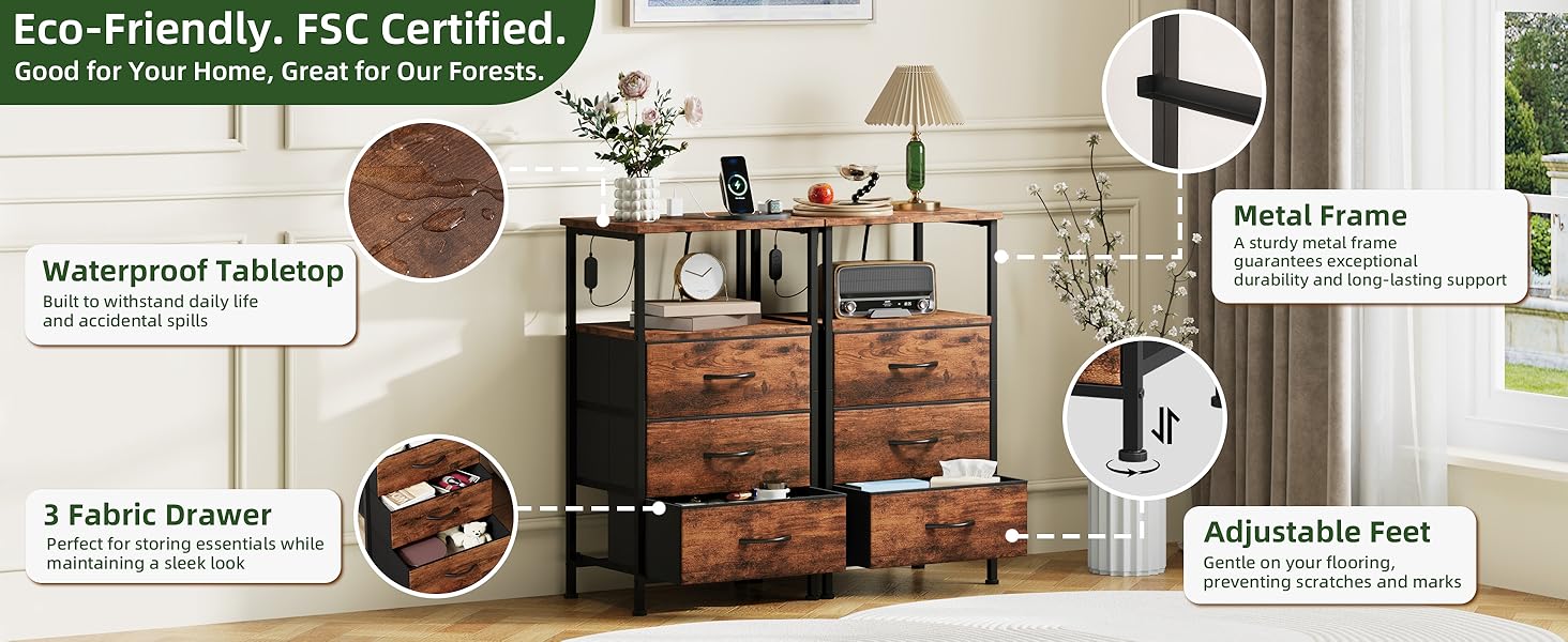 Нічний столик Somdot з підзарядкою, LED, розеткою (USB, Type-C) для спальні, вітальні, дитячої кімнати. Нічний столик, тумбочка, 30x40x60 (2 висувні ящики), деревоподібний масив, 2