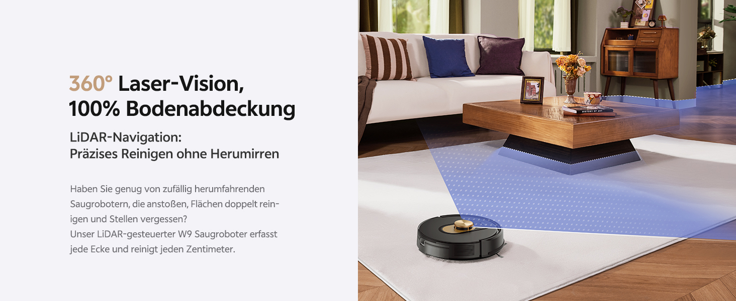 Робот-пилосос Vexilar W9 з функцією миття підлоги, 5000Pa, LiDAR навігація, тихий (50 dB), 150 хв роботи, 15 зон заборони, 5 карт, керування через додаток, пультом та голосовим асистентом