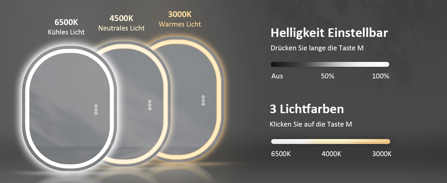 Дзеркало для ванної кімнати EMKE з підсвічуванням 80x60 см, сенсорне управління, антизапар, 3 кольори світла, регулювання яскравості, функція пам'яті, енергозберігаюче, овальне дзеркало