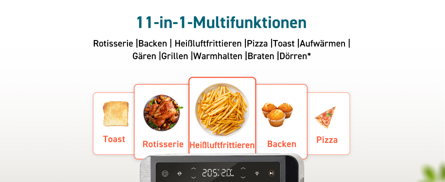 Фритюрниця повітряна COSORI 12L з 11 функціями, сушка, ферментація, подвійне нагрівання, вікно огляду, Airfryer XXL, міні-піч, рецепти, 7 аксесуарів, 220°C, срільно-чорний колір