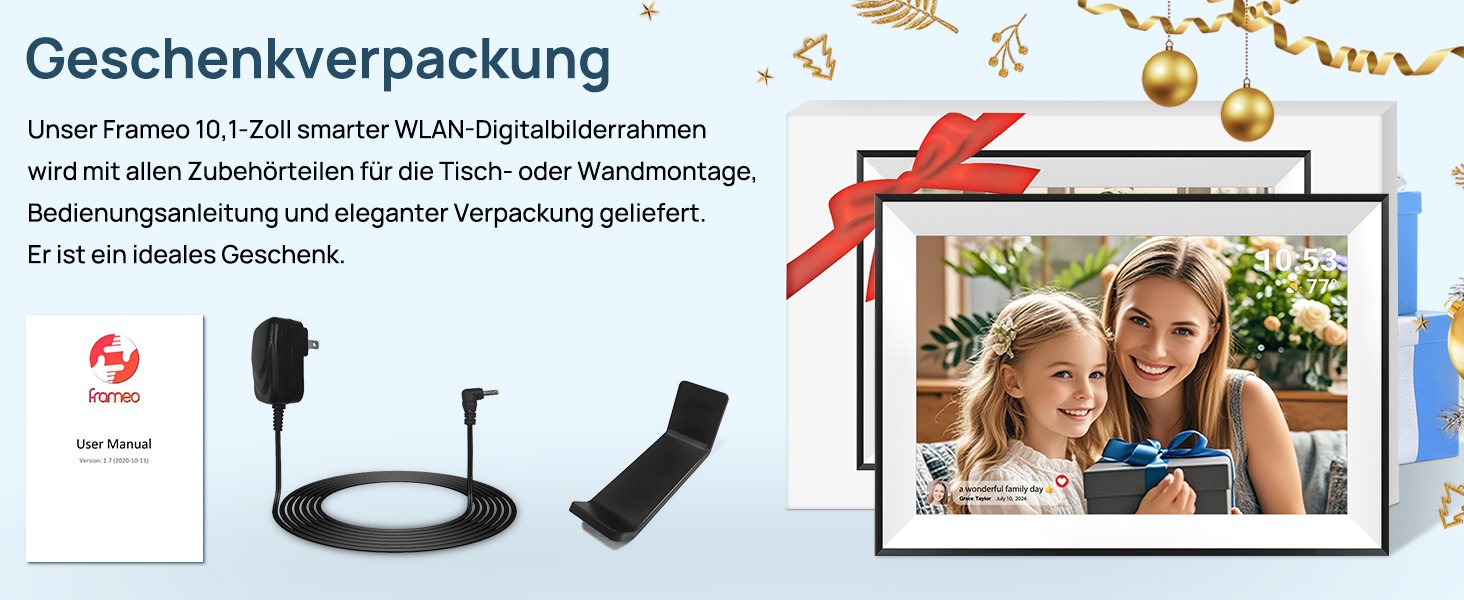 Цифрова фоторамка Frameo 10.1 дюймів WLAN, Full HD IPS сенсорний екран 1280x800, 32GB пам'ять, автоматичний поворот, можливість монтажу на стіну, керування через додаток Frameo (Чорна з білою рамкою)