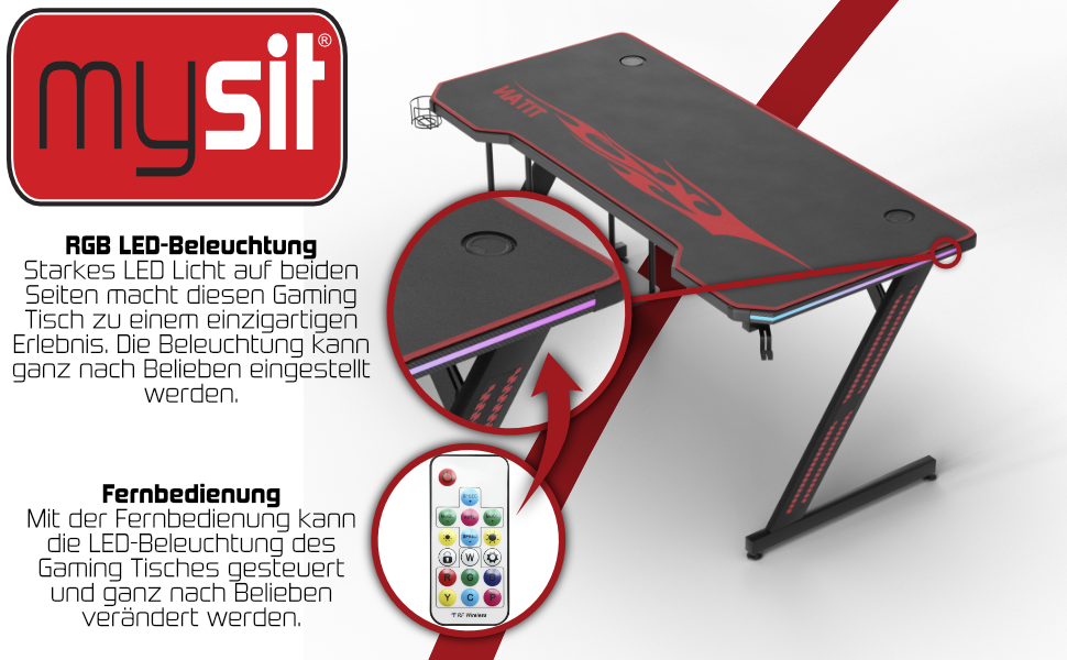 Ігровий стіл MY SIT Titan 140 см з підсвічуванням LED, тримачем для навушників, тримачем для ПК та напоїв, кабельною організацією, чорний