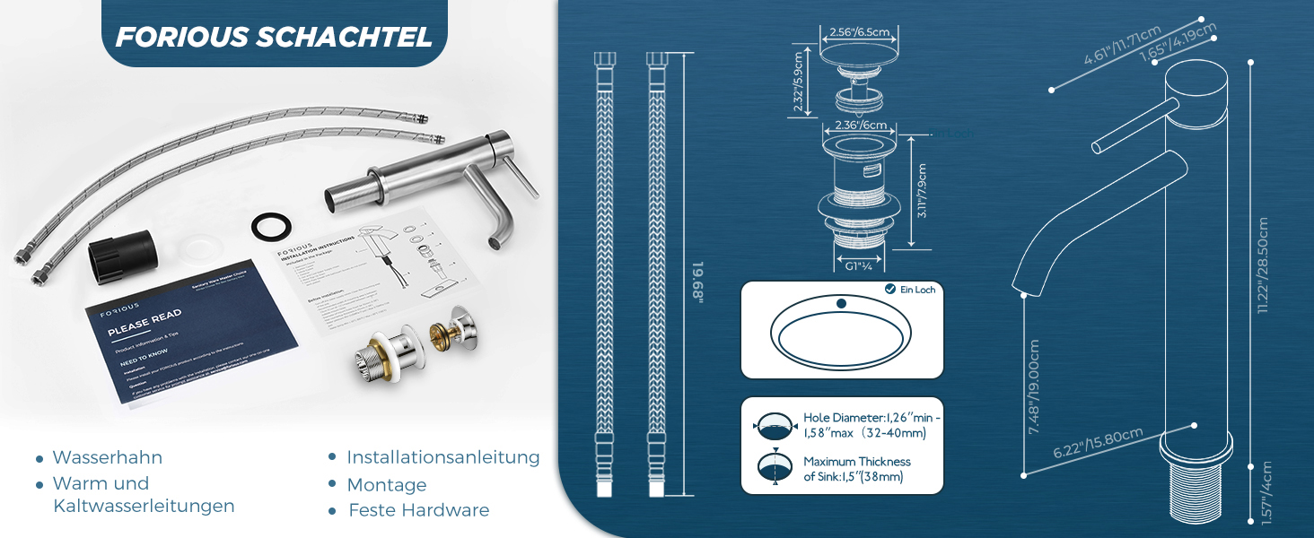 Змішувач для ванної кімнати FORIOUS з набором для зливу, чорний, висота виливу 190 мм, однорідний змішувач для умивальника