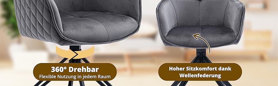 Обідні стільці 2 шт. сірого кольору з пружинним блоком - поворотні, з оксамитовим покриттям - високий рівень комфорту - в ретро-стилі, проста збірка - без ПВХ, сертифіковані Oeko-TEX, з доставкою по Україні