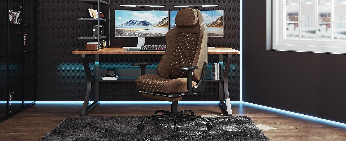 Крісло ігрове WOLTU, офісне ергономічне, з інтегрованим губчастим наповнювачем, підтримкою попереку, підставкою для ніг та підлокітниками, вінтажне, з штучної шкіри та металевим каркасом, коричневе