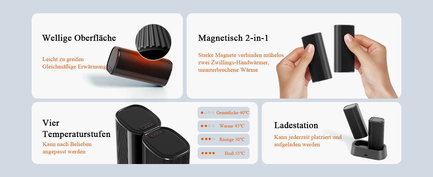 Електричні грілки для рук KINREECELL 10000mAh, 2 шт., з магнітним з'єднанням, зарядний кейс, 4 режими нагріву, до 55°C, тривалий час роботи, портативні
