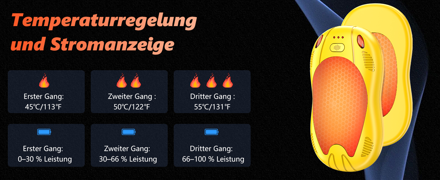 Електричні грілки для рук FANDLISS з магнітом, 10000mAh, 2 шт., з двостороннім нагрівом, USB, багаторазові, 3 рівні нагріву, для відпочинку на природі, гольфу, кемпінгу (3 жовті + чорні)