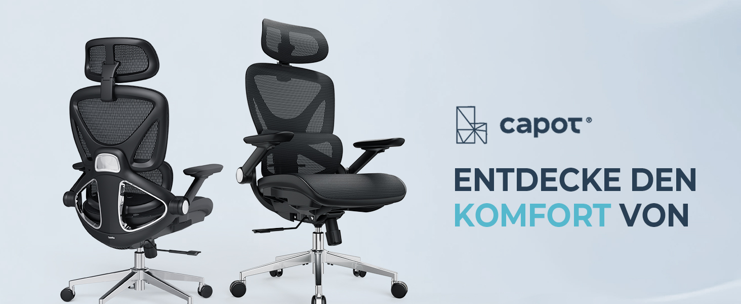 Ергономічне офісне крісло CAPOT з сітки, комп'ютерний стілець з високою спинкою, 4D-підлокітниками та 3D-підголівником, витримує до 180 кг, регулювання нахилу, PU-колеса (чорний)