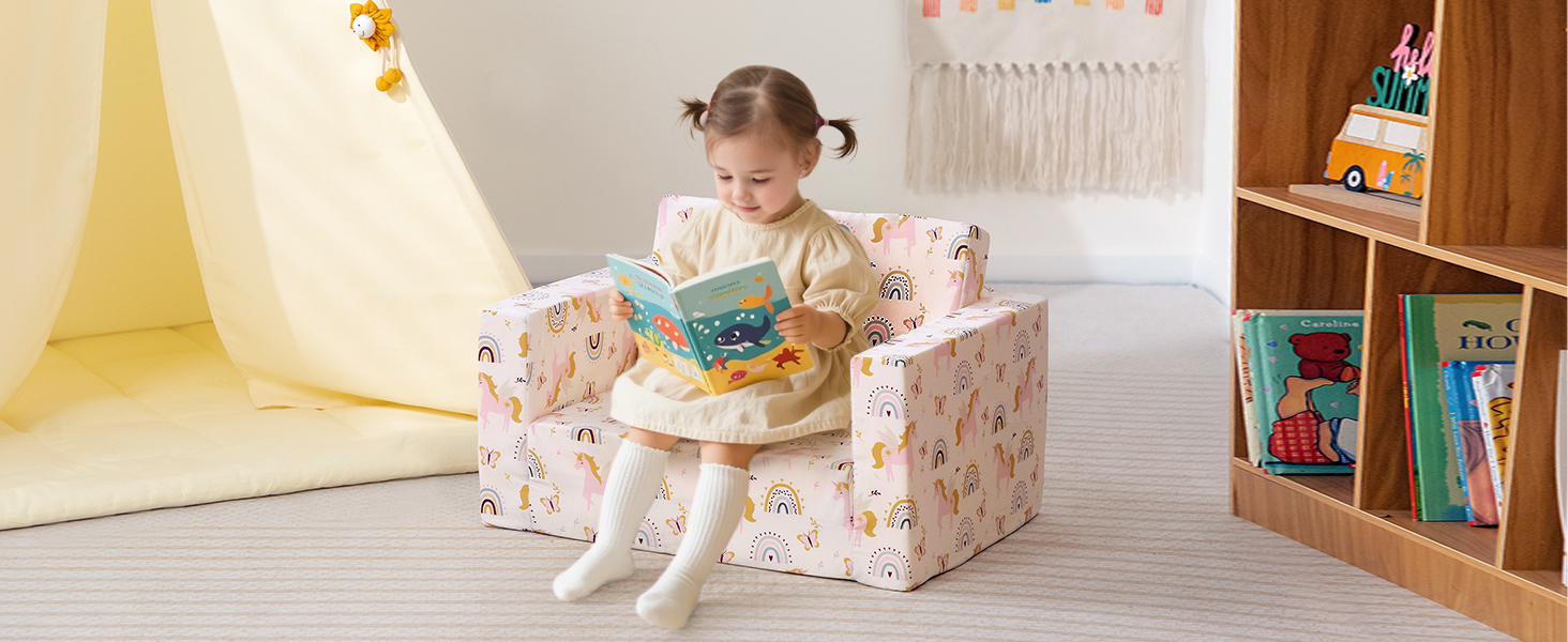 Дитяче розкладне диван-крісло BEJOY 2 в 1, Sherpa, з єдинорогом, бежевий, для дитячої кімнати, подарунок на день народження