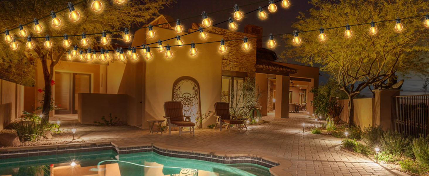 LED гірлянда для зовнішнього використання, G40 лампочки, ABS пластик, сонячна, вологостійка, для романтичного декору саду та балкону (24V, 20M, 33 лампочки)