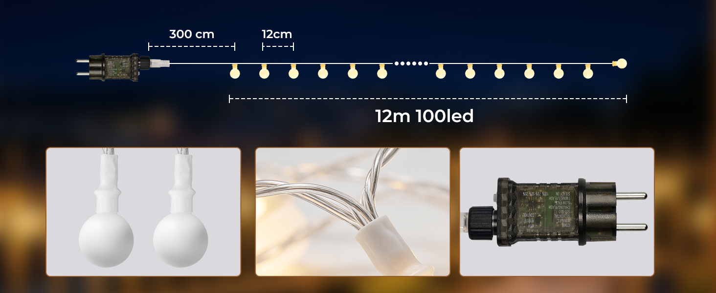 LED гірлянда вулична 27м 200 LED IP44 тепла біла, 8 режимів, пульт, димер, таймер для саду, балкона, тераси
