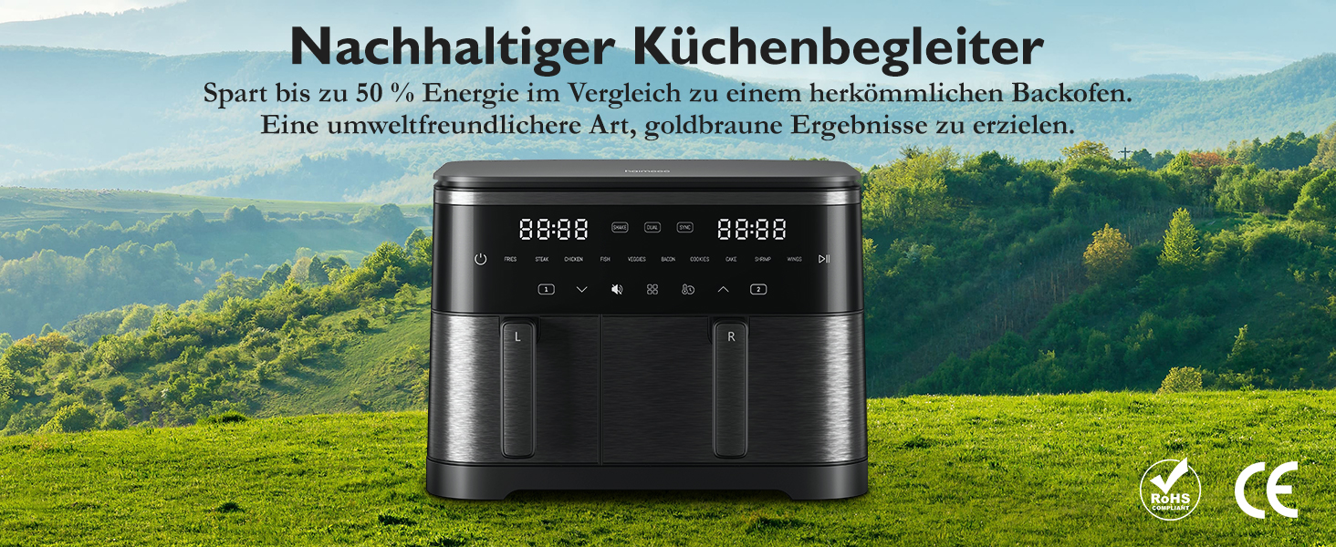 Фритюрниця без олії з підсвічуванням та нагадуванням про струшування, антипригарне покриття, 30-200°C, 78 рецептів, 8-в-1, тиха фритюрниця (11 л)