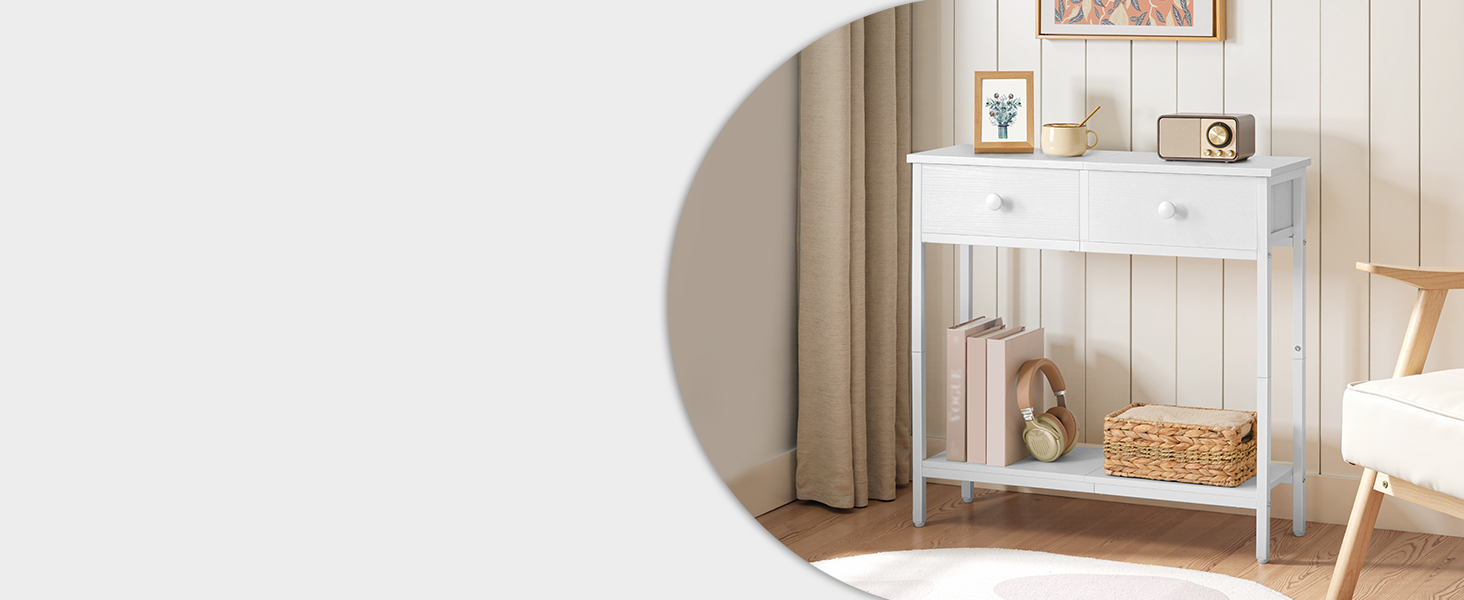 HOOBRO Консольний столик, вузький бічний столик з 2 висувними ящиками з тканини, 75 см, столик для передпокою, журнальний столик для дивану в індустріальному стилі, для передпокою, вітальні, коридору, білий EWW71XG01