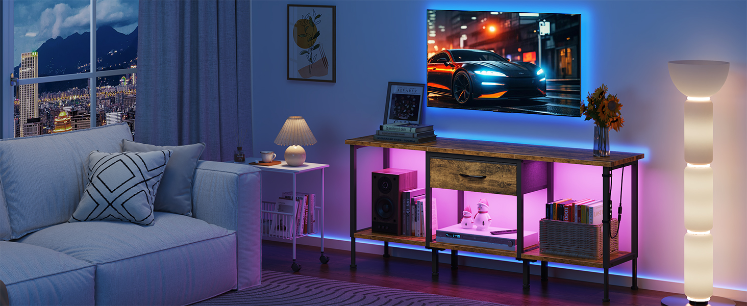 Тумба під TV з LED-підсвіткою, USB-роз'ємами та розеткою, 140 см, вінтажний колір, для телевізорів до 55 дюймів