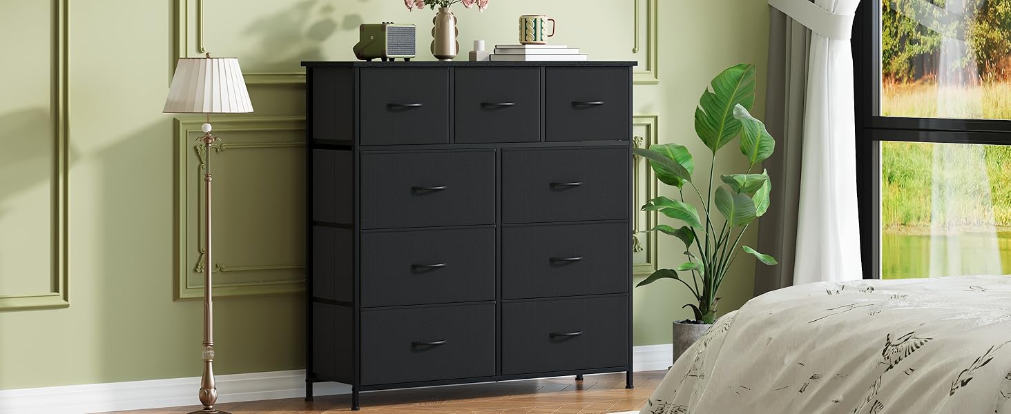 Комод Somdot з висувними ящиками, тканинний комод, комод для спальні, вітальні, передпокою, шафа для зберігання, 5 тканинних ящиків, білий колір (чорний, 30T x 100B x 96.5H см (9 ящиків))